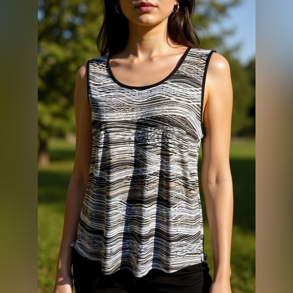 Kasper white black tan tank top LARGE stretch elastane sleeveless striped dots
